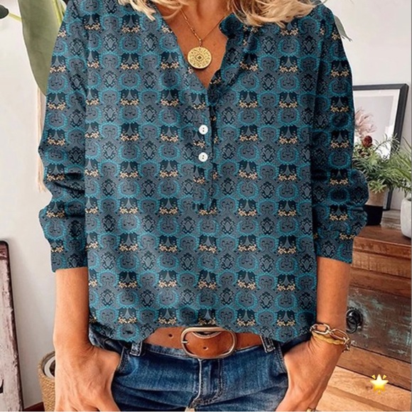 SIZE XL LA MODE BUTTON FRONT ABSTRACT V-NECK BLOUSE TOP GRAY & TEAL - Picture 2 of 11